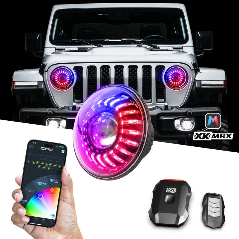 XK Glow 07-18 Jeep Wrangler JK 7in Headlight XKmax RGBW LED 2pc XKchrome Bluetooth App Cntl Kit - Side View