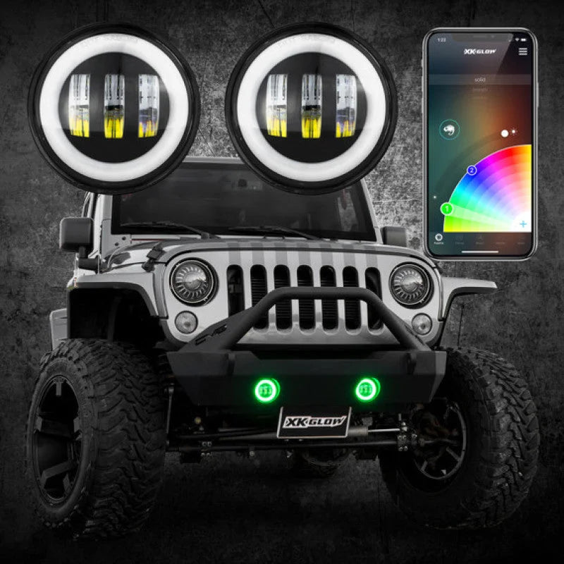 XK Glow 4In Black RGB LED Jeep Wrangler Fog Light XKchrome Bluetooth App Controlled Kit - Main Product View