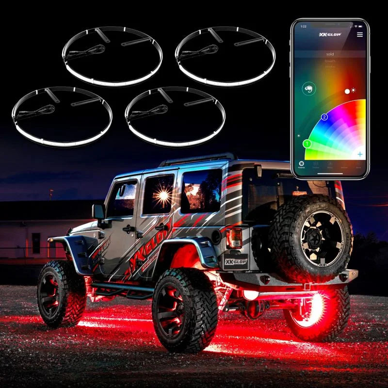 XK Glow Adjustable Wheel Ring Light Kit w/ Dual-Mode Dash Mount Controller 4PC 15-18In - Side View