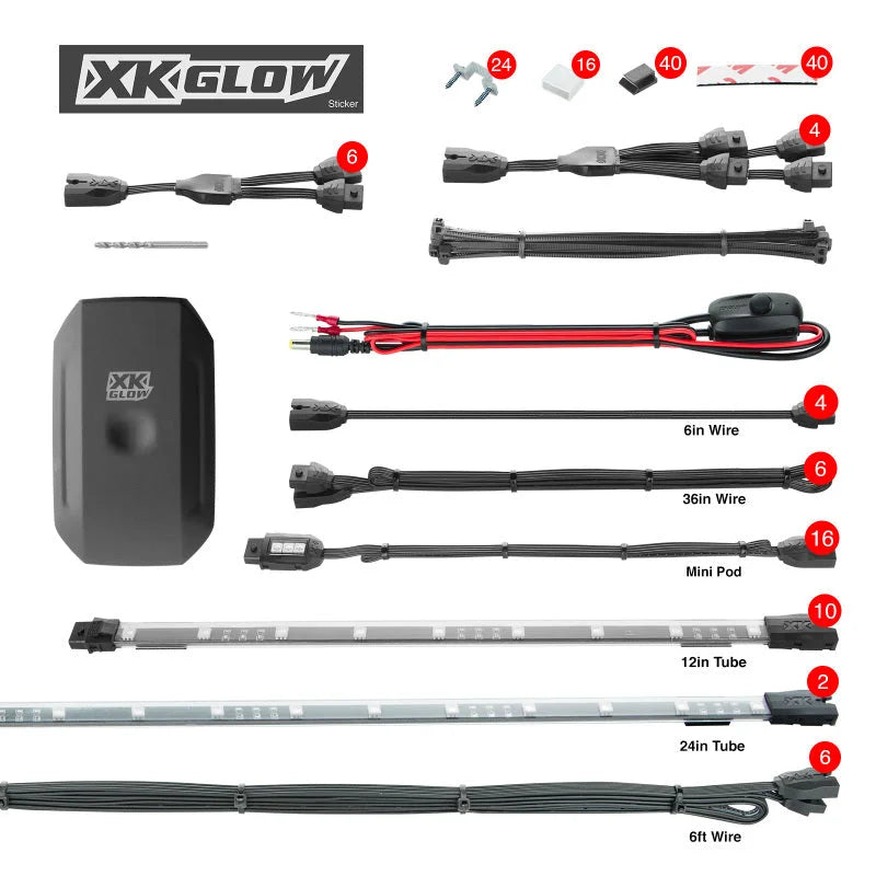 XK Glow Million Color XKCHROME App Controlled Offroad UTV Kit 2x24In Tube + 10x12In Tube + 16xPods - Main Product View