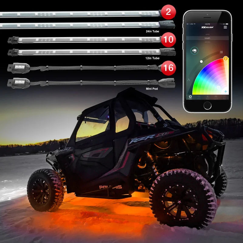 XK Glow Million Color XKCHROME App Controlled Offroad UTV Kit 2x24In Tube + 10x12In Tube + 16xPods - Side View
