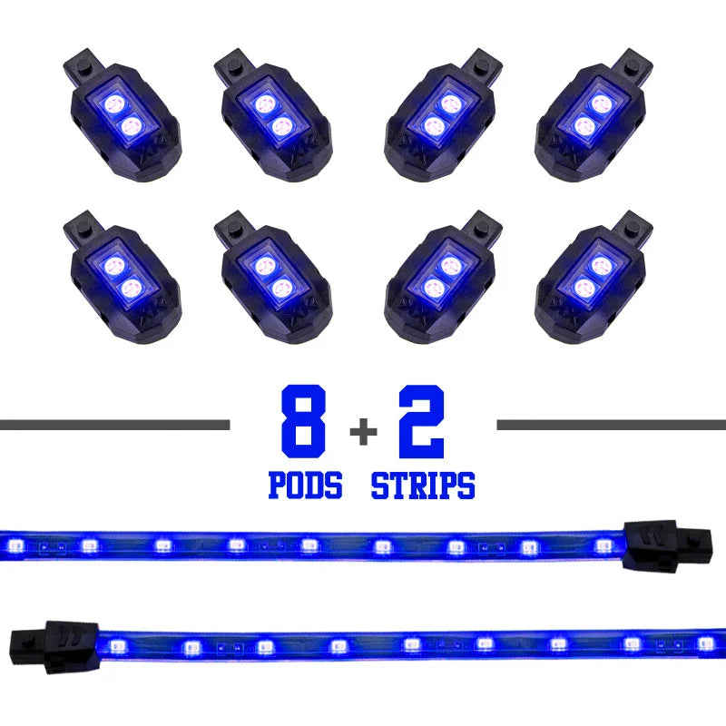 XK Glow Single Color XKGLOW LED Accent Light Motorcycle Kit Blue - 8xPod + 2x8InStrips - Side View