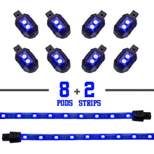 Load image into Gallery viewer, XK Glow Single Color XKGLOW LED Accent Light Motorcycle Kit Blue - 8xPod + 2x8InStrips - Side View