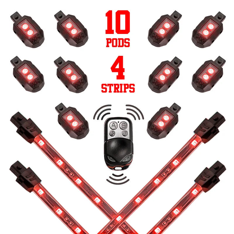 XK Glow Single Color XKGLOW LED Accent Light Motorcycle Kit Red - 10xPod + 4x8InStrips - Main Product View