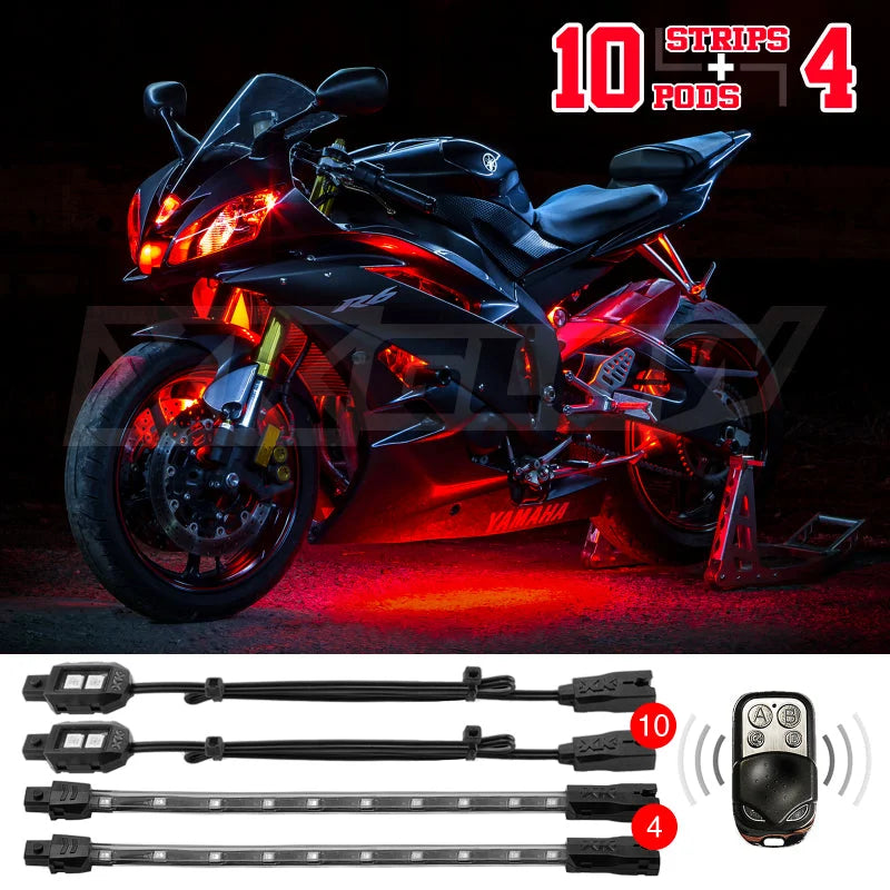 XK Glow Single Color XKGLOW LED Accent Light Motorcycle Kit Red - 10xPod + 4x8InStrips - Side View