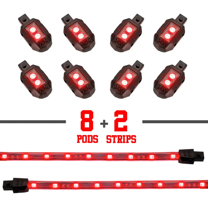 XK Glow Single Color XKGLOW LED Accent Light Motorcycle Kit Red - 8xPod + 2x8InStrips - Main Product View