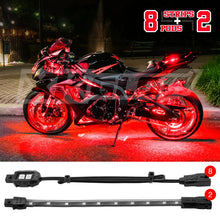 Load image into Gallery viewer, XK Glow Single Color XKGLOW LED Accent Light Motorcycle Kit Red - 8xPod + 2x8InStrips - Detail View