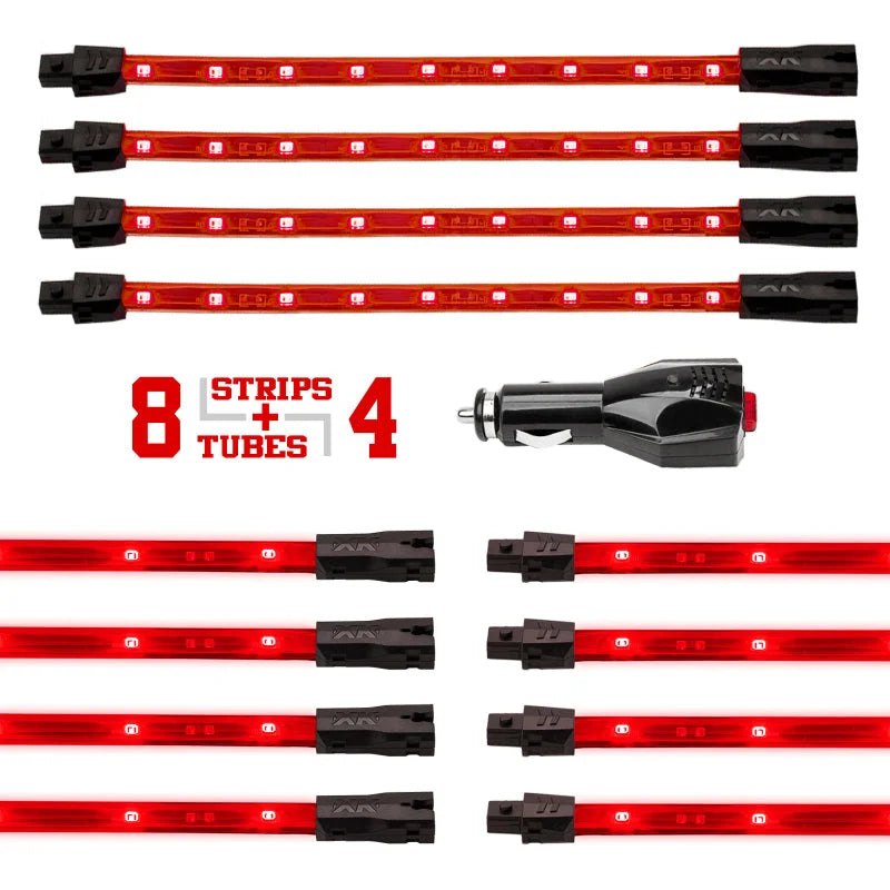 XK Glow Single Color XKGLOW UnderglowLED Accent Light Car/Truck Kit Red - 8x24In Tube + 4x8In Strip - Side View