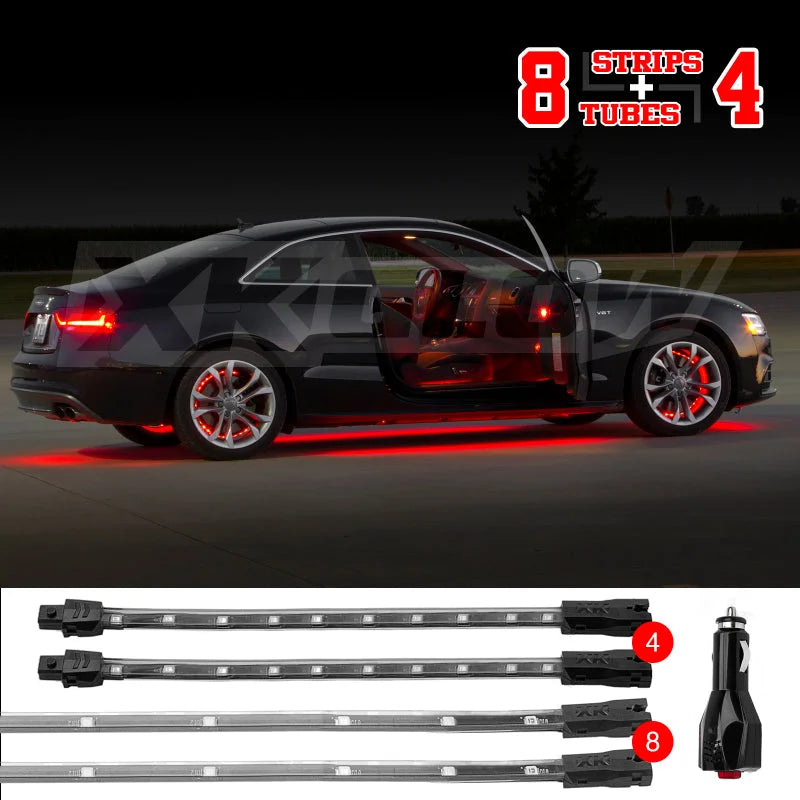 XK Glow Single Color XKGLOW UnderglowLED Accent Light Car/Truck Kit Red - 8x24In Tube + 4x8In Strip - Detail View