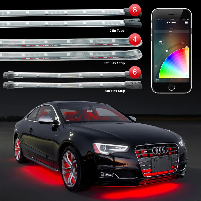 XK Glow Strip Million Color XKCHROME App Undercar Kit (8x24In Tube + 6x10In Strip + 4x36In) - Side View