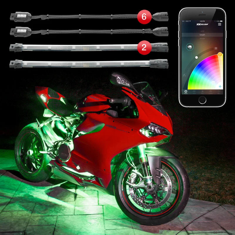 XK Glow Strip Million Color XKCHROME Smartphone App ATV/Motorcycle LED Light Kit 6xPod + 2x10In - Detail View