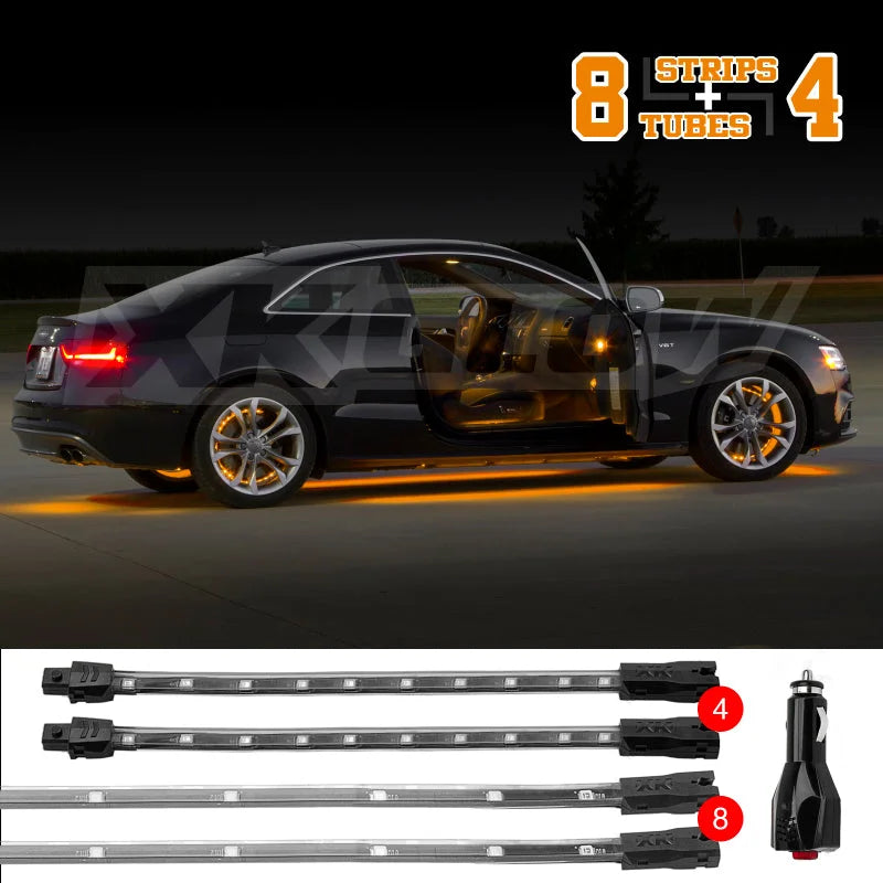 XK Glow Strip Single Color Underglow LED Accent Light Car/Truck Kit Amber - 8x24In Tube + 4x8In - Side View