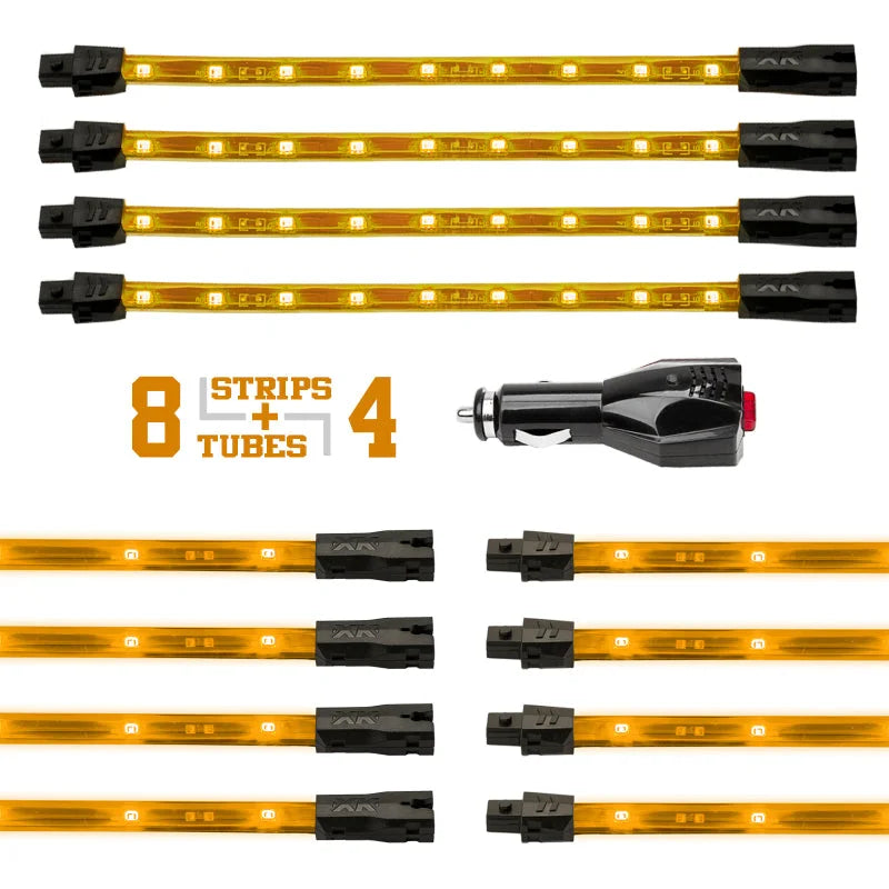 XK Glow Strip Single Color Underglow LED Accent Light Car/Truck Kit Amber - 8x24In Tube + 4x8In - Detail View