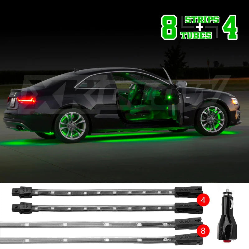 XK Glow Strip Single Color Underglow LED Accent Light Car/Truck Kit Green - 8x24In Tube + 4x8In - Side View