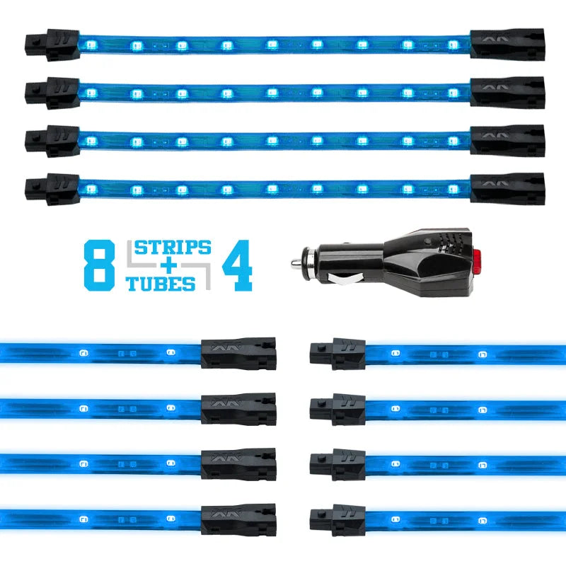 XK Glow Strip Single Color Underglow LED Accent Light Car/Truck Kit Light Blue - 8x24In + 4x 8In - Side View