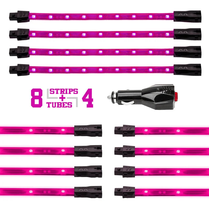 XK Glow Strip Single Color Underglow LED Accent Light Car/Truck Kit Pink - 8x24In Tube Car + 4x8In - Detail View