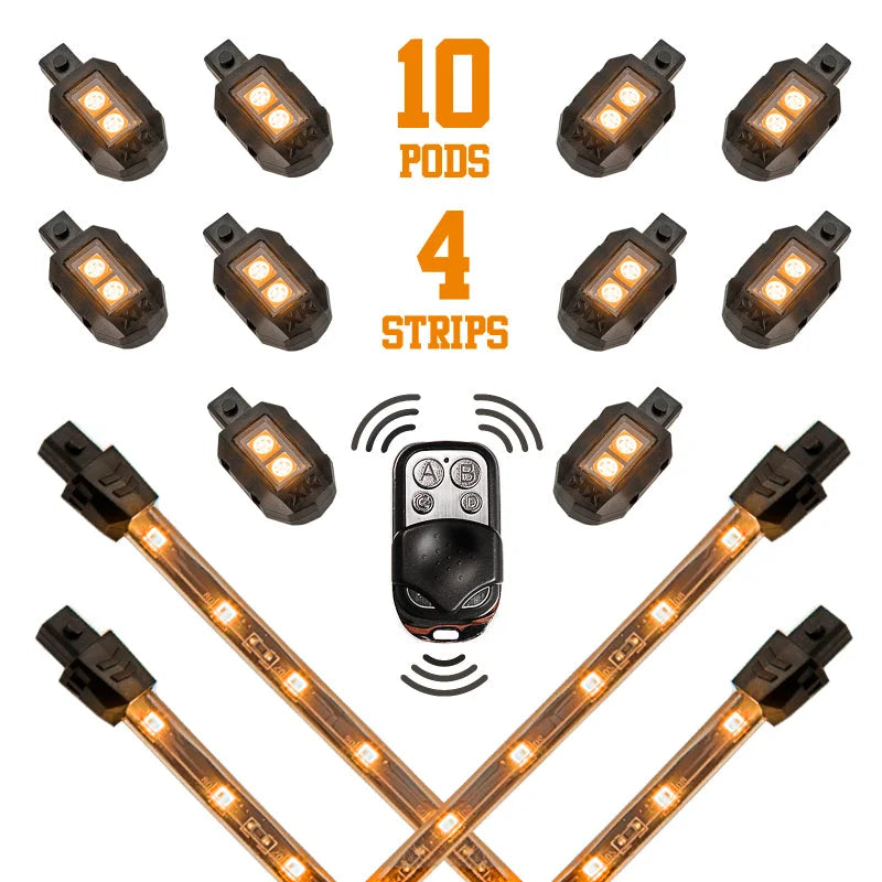 XK Glow Strips Single Color XKGLOW LED Accent Light Motorcycle Kit Amber - 10xPod + 4x8In - Main Product View