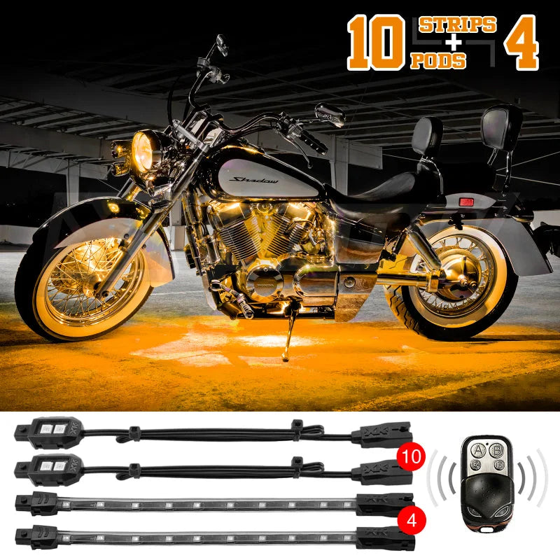XK Glow Strips Single Color XKGLOW LED Accent Light Motorcycle Kit Amber - 10xPod + 4x8In - Side View