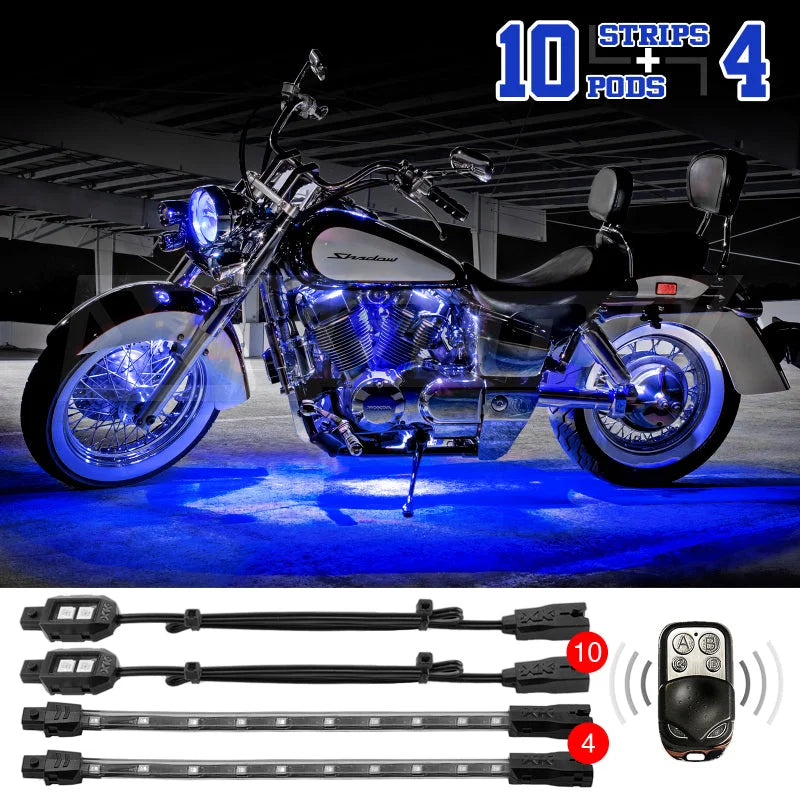 XK Glow Strips Single Color XKGLOW LED Accent Light Motorcycle Kit Blue - 10xPod + 4x8In - Side View