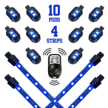 Load image into Gallery viewer, XK Glow Strips Single Color XKGLOW LED Accent Light Motorcycle Kit Blue - 10xPod + 4x8In - Detail View