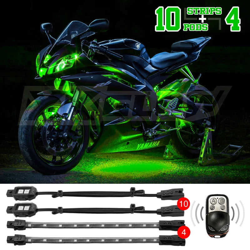 XK Glow Strips Single Color XKGLOW LED Accent Light Motorcycle Kit Green - 10xPod + 4x8In - Main Product View