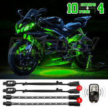Load image into Gallery viewer, XK Glow Strips Single Color XKGLOW LED Accent Light Motorcycle Kit Green - 10xPod + 4x8In - Main Product View