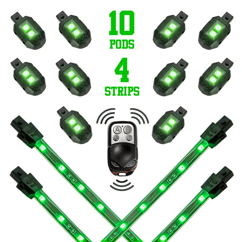 XK Glow Strips Single Color XKGLOW LED Accent Light Motorcycle Kit Green - 10xPod + 4x8In - Side View
