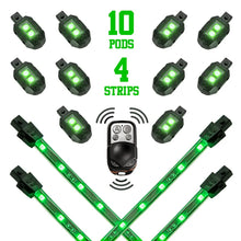 Load image into Gallery viewer, XK Glow Strips Single Color XKGLOW LED Accent Light Motorcycle Kit Green - 10xPod + 4x8In - Side View