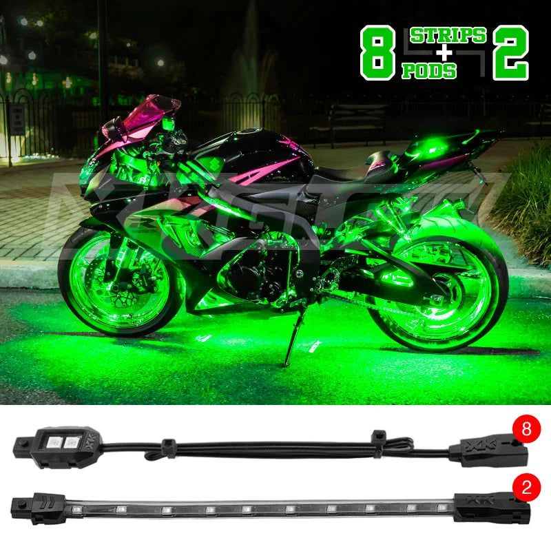 XK Glow Strips Single Color XKGLOW LED Accent Light Motorcycle Kit Green - 8xPod + 2x8In - Detail View