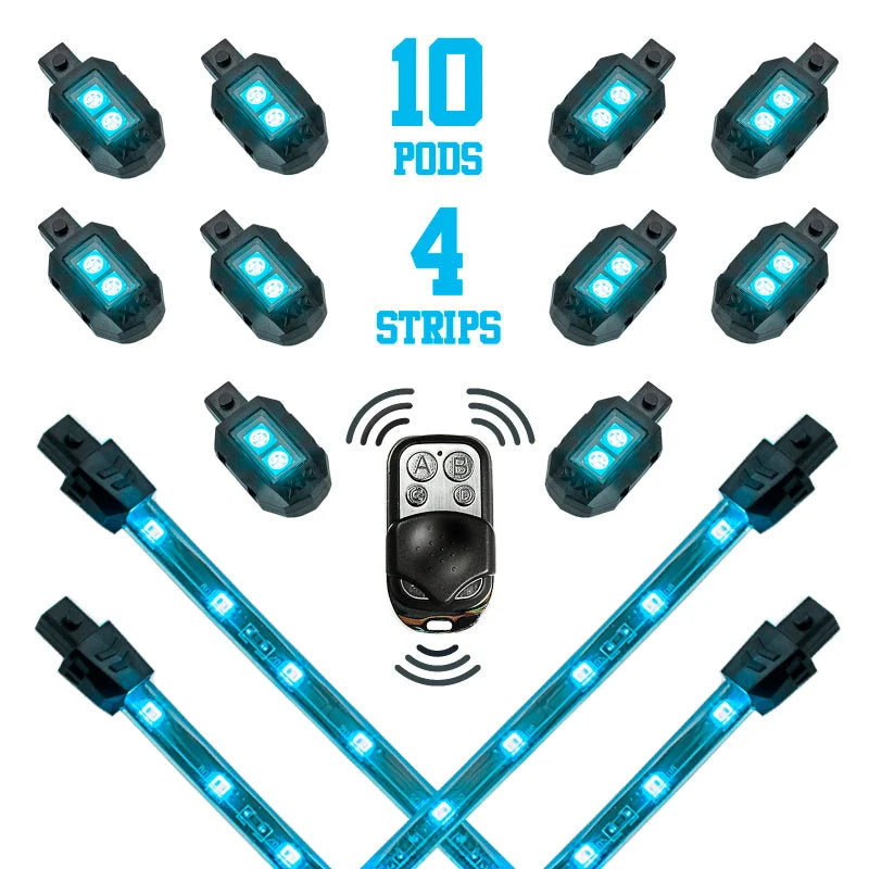 XK Glow Strips Single Color XKGLOW LED Accent Light Motorcycle Kit Light Blue - 10xPod + 4x8In - Main Product View