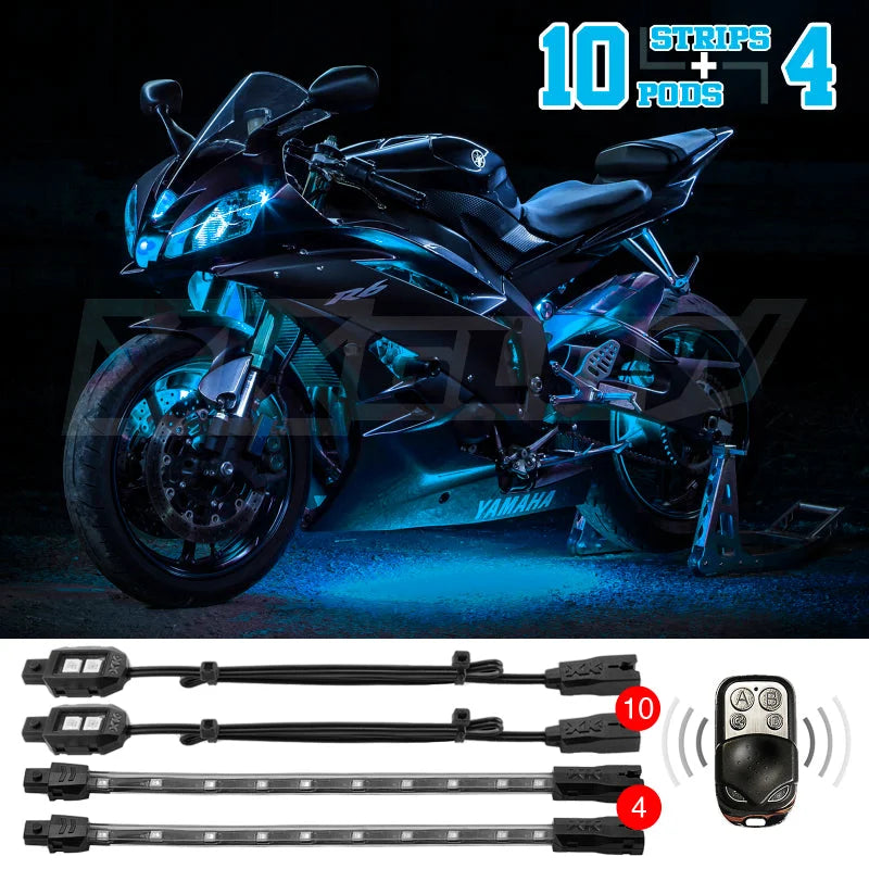 XK Glow Strips Single Color XKGLOW LED Accent Light Motorcycle Kit Light Blue - 10xPod + 4x8In - Detail View
