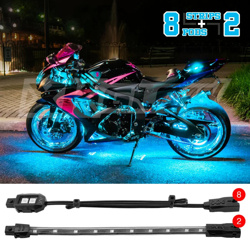 XK Glow Strips Single Color XKGLOW LED Accent Light Motorcycle Kit Light Blue - 8xPod + 2x8In - Main Product View