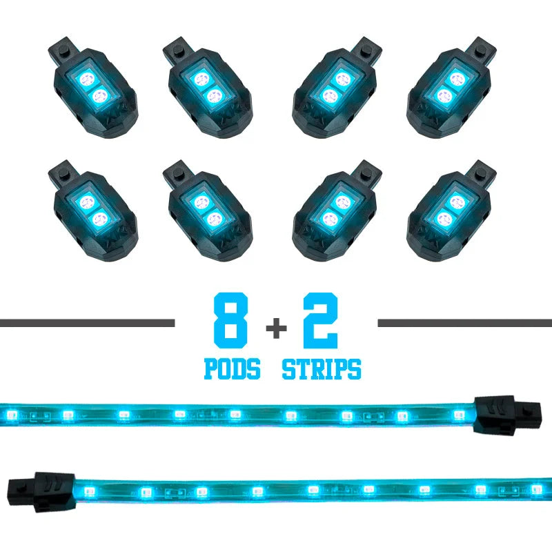 XK Glow Strips Single Color XKGLOW LED Accent Light Motorcycle Kit Light Blue - 8xPod + 2x8In - Detail View