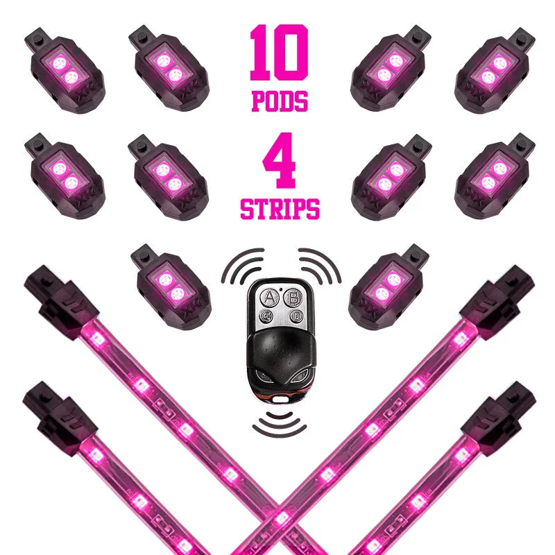 XK Glow Strips Single Color XKGLOW LED Accent Light Motorcycle Kit Pink - 10xPod + 4x8In - Main Product View