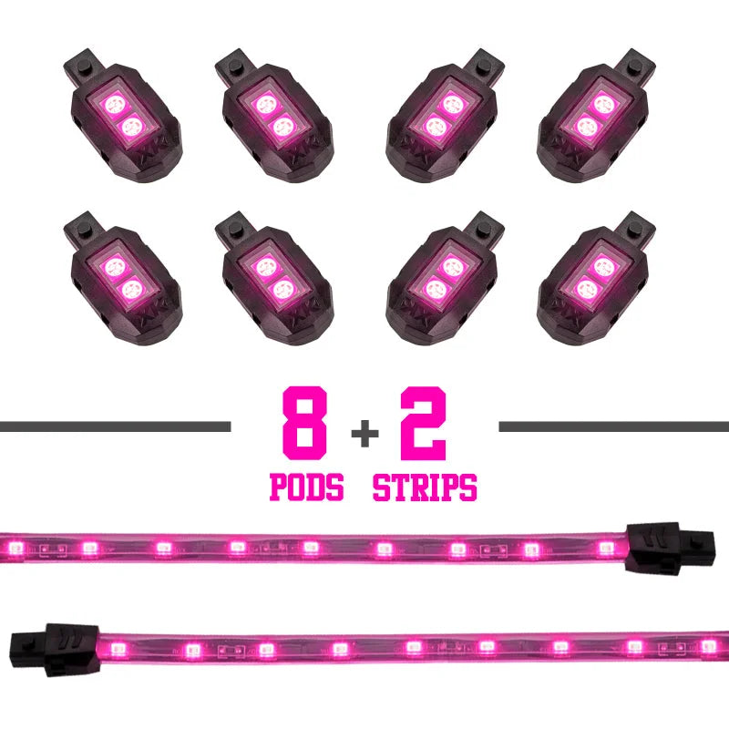 XK Glow Strips Single Color XKGLOW LED Accent Light Motorcycle Kit Pink - 8xPod + 2x8In - Detail View