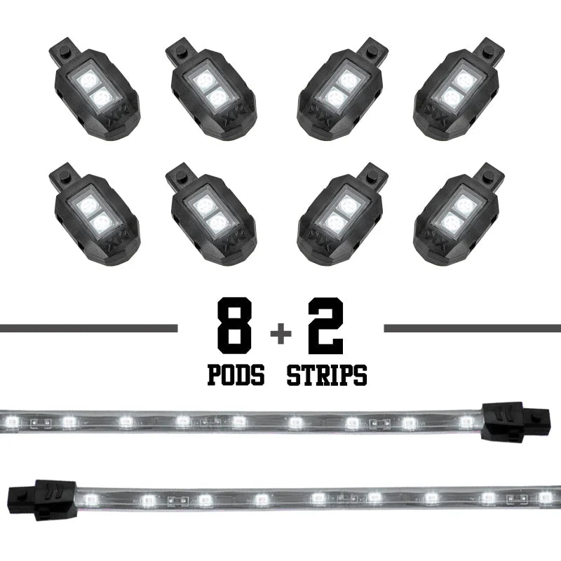 XK Glow Strips Single Color XKGLOW LED Accent Light Motorcycle Kit White - 8xPod + 2x8In - Detail View