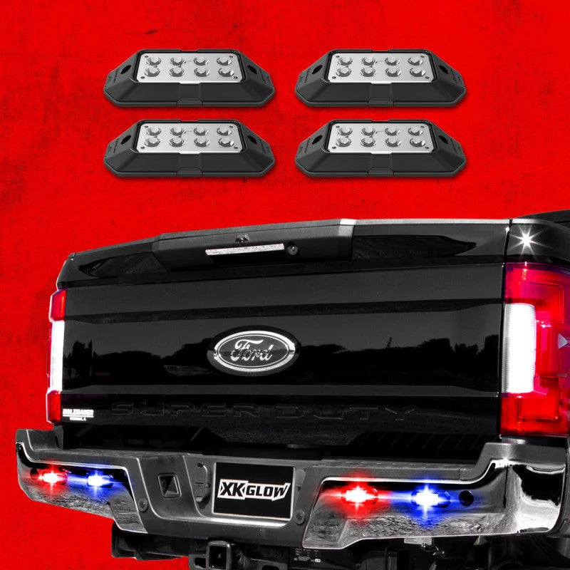 XK Glow Strobe Pod Lights w/ Traffic Modes Ultra LEDs Multiple Modes + Solid On - Red + Blue 4pc - Side View