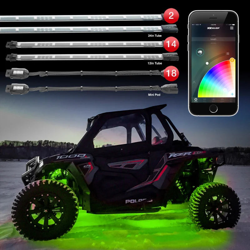 XK Glow Tube + 18xPods Million Color XKCHROME App Controlled Offroad UTV Kit 2x24In Tube + 14x12In - Main Product View