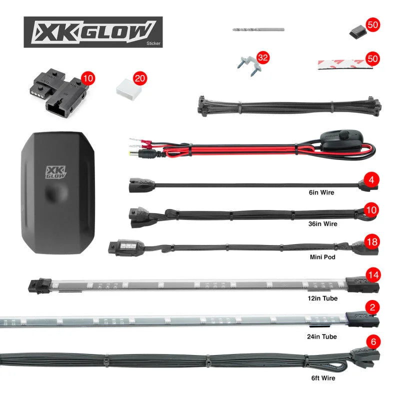 XK Glow Tube + 18xPods Million Color XKCHROME App Controlled Offroad UTV Kit 2x24In Tube + 14x12In - Side View