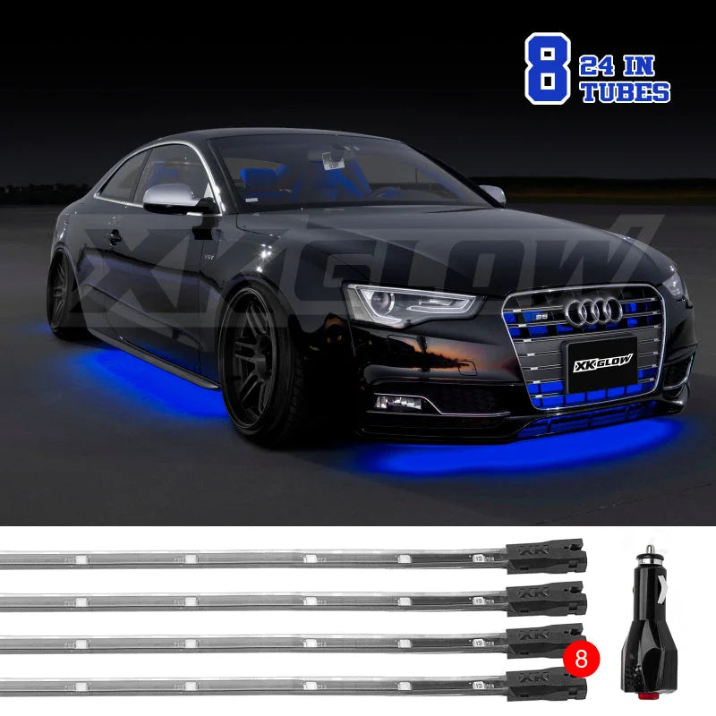 XK Glow Tube Single Color Underglow LED Accent Light Car/Truck Kit Blue - 8x24In - Side View
