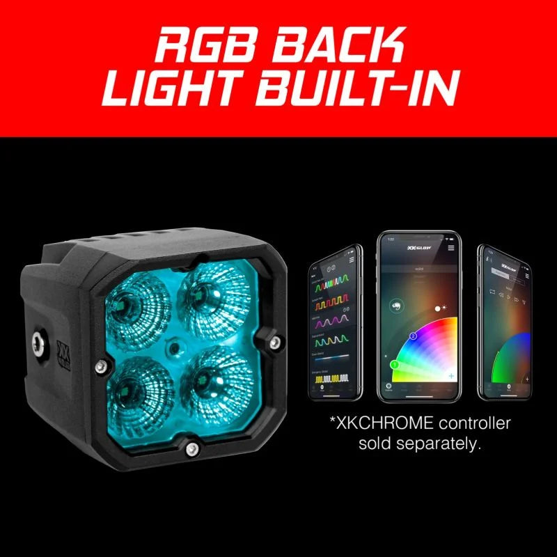 XK Glow XKchrome 20w LED Cube Light w/ RGB Accent Light Kit w/ Controller- Spot Beam 2pc - Side View