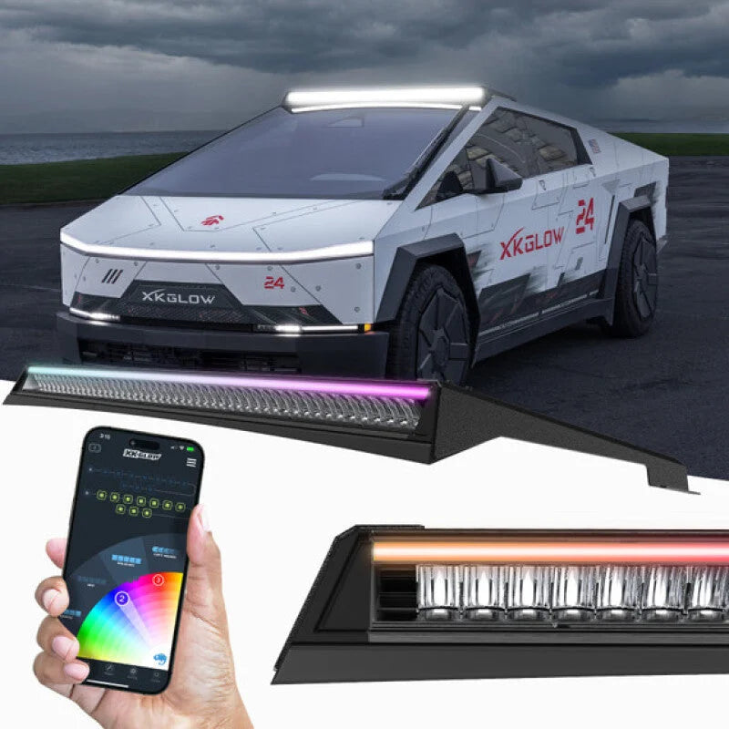 XKGLOW XKmax 50in Roof LED Off-Road Light Bar w/ RGBW Chasing DRL & App Control fits Tesla Cybertruck - Back View