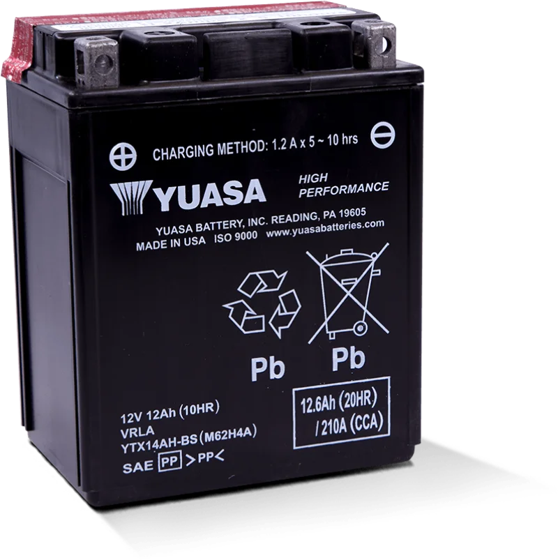 Yuasa YTX14AH-BS High Performance AGM 12-Volt Battery w/Bottle - Side View