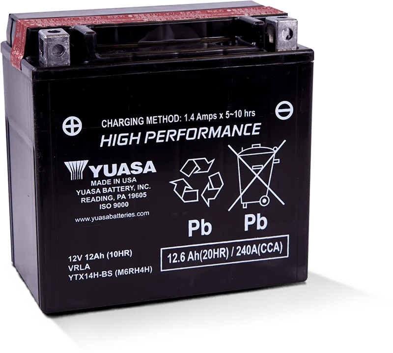 Yuasa YTX14H-BS High Performance AGM 12-Volt Battery w/Bottle - Side View