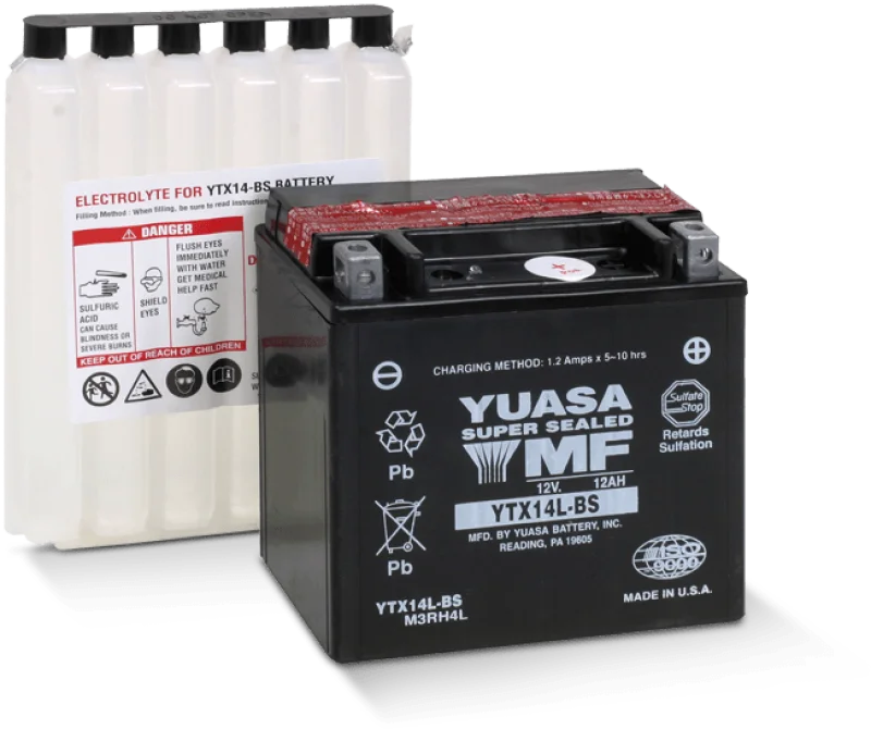 Yuasa YTX14L-BS Maintenance Free AGM 12-Volt Battery w/Bottle - Side View