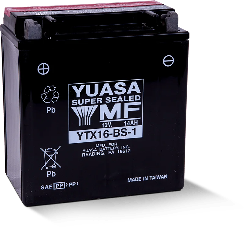Yuasa YTX16-BS-1 Maintenance Free AGM 12-Volt Battery w/Bottle - Side View