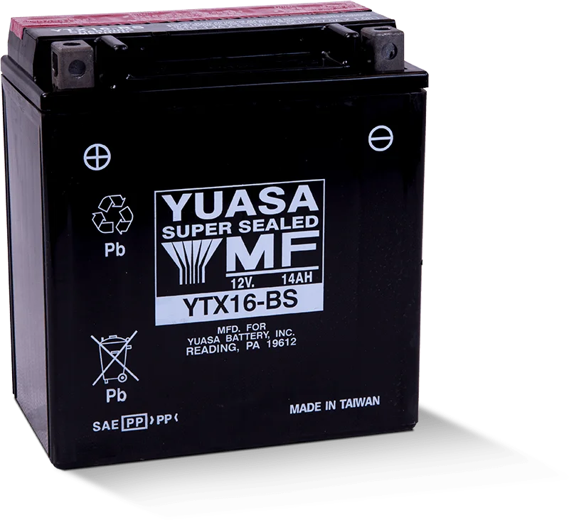 Yuasa YTX16-BS Maintenance Free AGM 12-Volt Battery w/Bottle - Side View