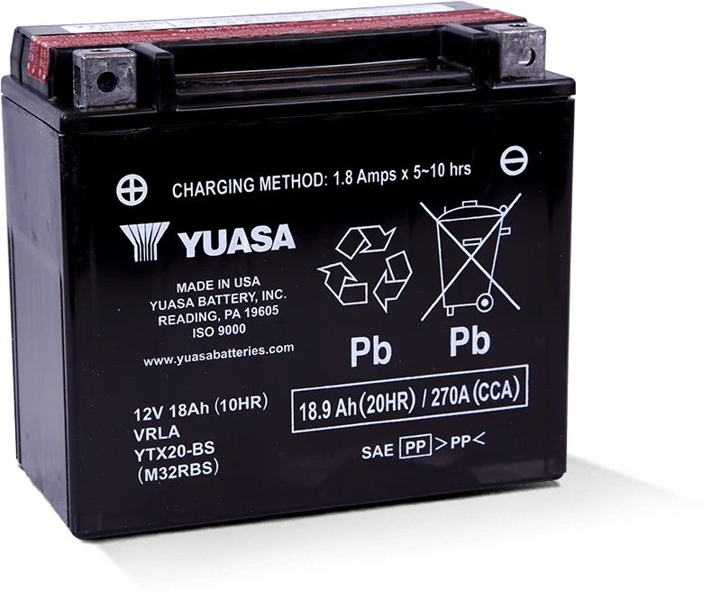 Yuasa YTX20-BS Maintenance Free AGM 12-Volt Battery w/Bottle - Side View