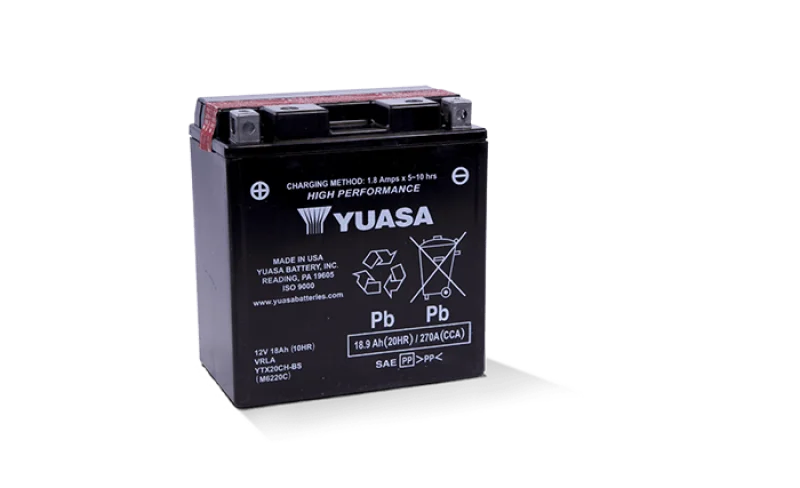 Yuasa YTX20CH-BS High Performance AGM Battery w/Bottle - Side View