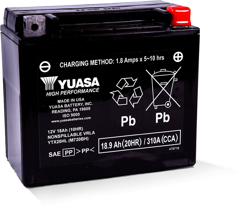 Yuasa YTX20HL Maintenance Free AGM 12-Volt Battery - Side View